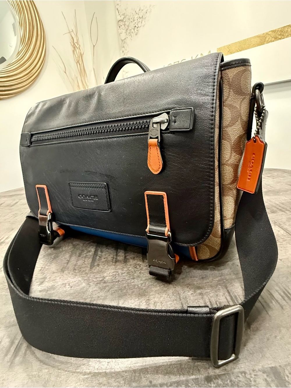 Coach Black Leather & Brown Signature Canvas Messenger Bag with Orange Accents